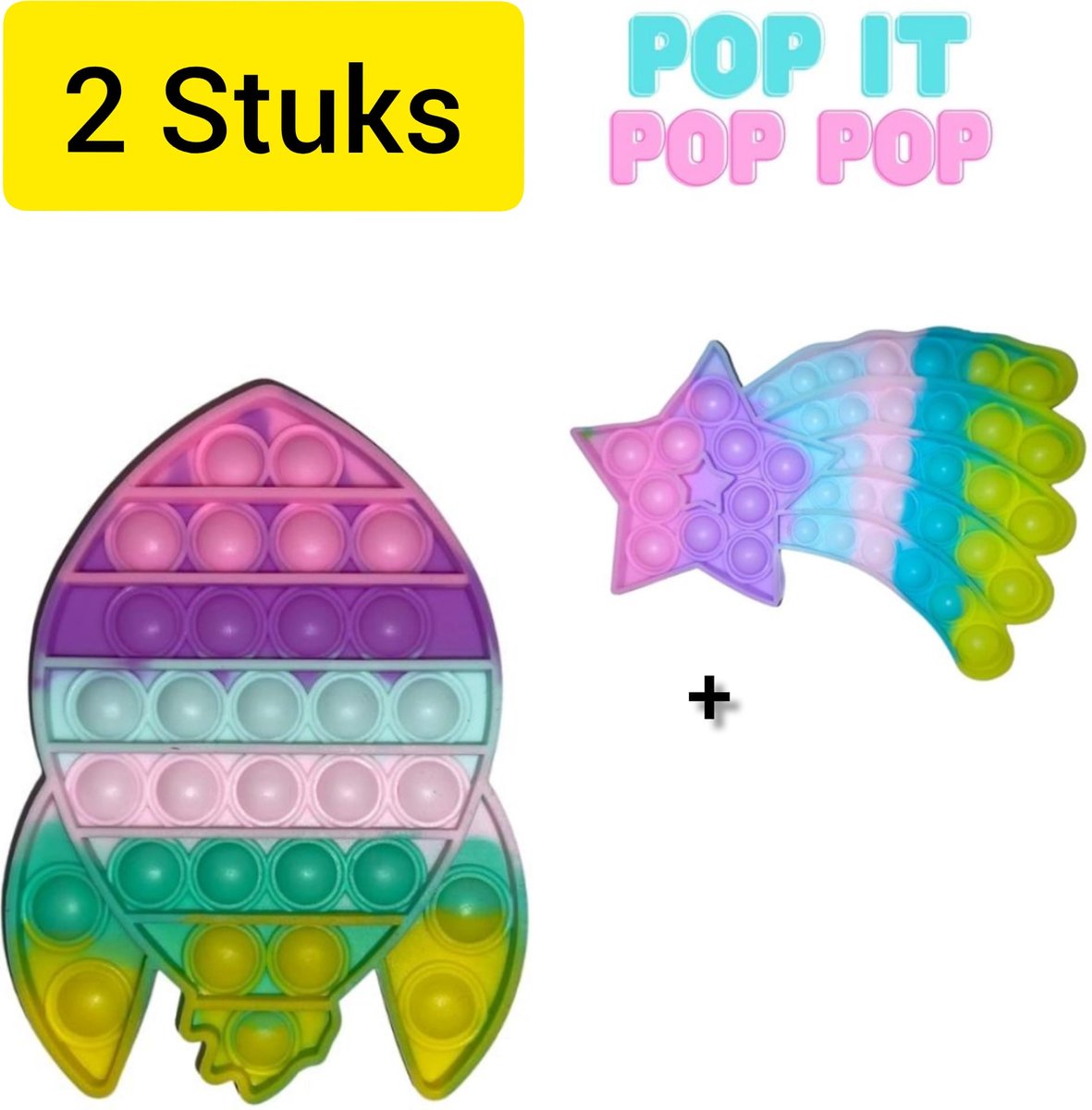 Fidget toys Set | 2 stuks Pop it Regenboog Multi Color | Raket + Vallende Ster | Anti stress 2021 | Van Tik Tok | Meisjes jongens volwassenen | Verjaardag of Kerst cadeautip